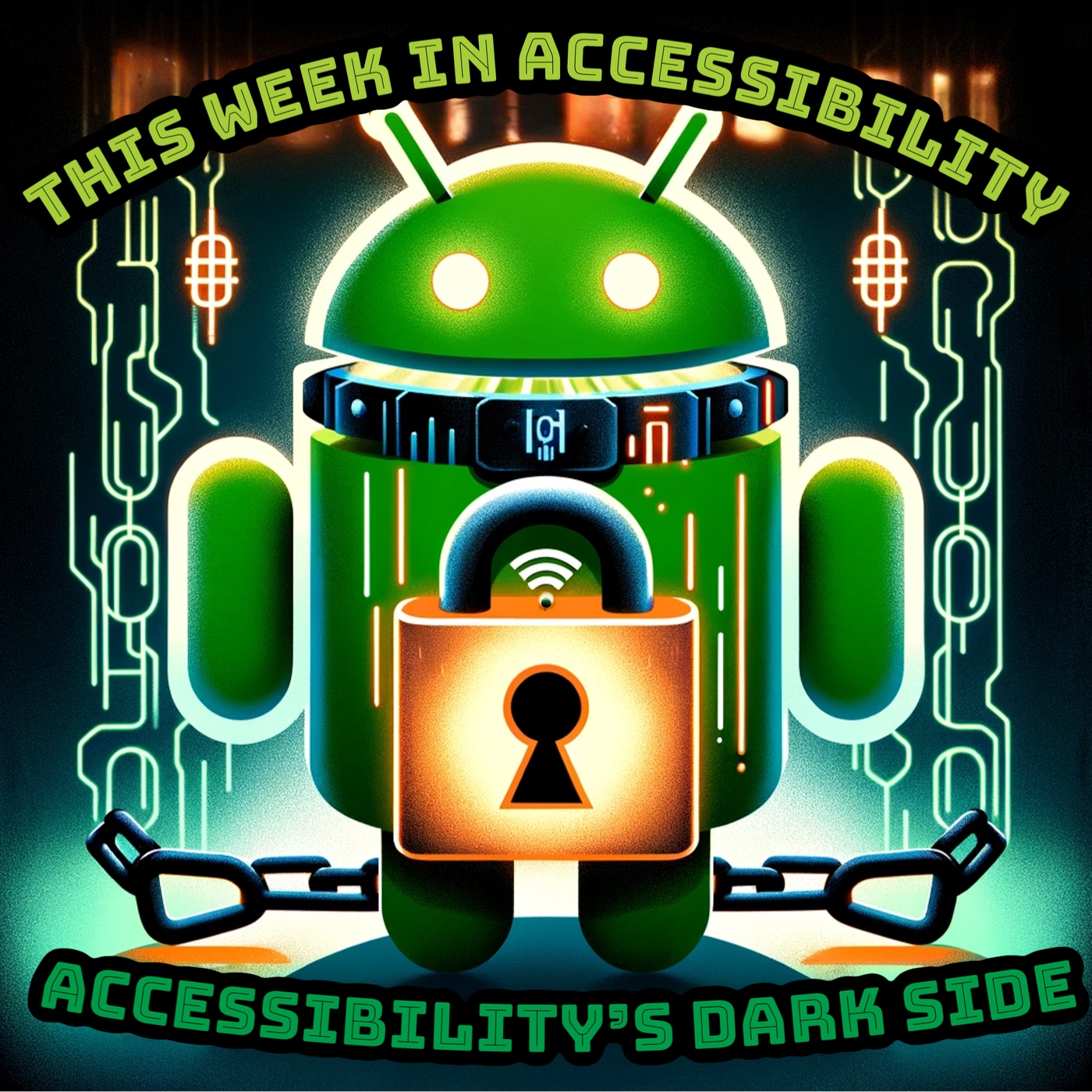 A digital design featuring the Android mascot with a padlock on its chest, signifying cybersecurity. The padlock showcases a WiFi signal and a broken chain, symbolizing internet security and overcoming restrictions. The image has a neon circuit pattern background, with the text "THIS WEEK IN ACCESSIBILITY" at the top and "ACCESSIBILITY'S DARK SIDE" at the bottom, suggesting technological accessibility issues. The design has a vibrant, retro-futuristic aesthetic with neon lights and cyberpunk elements.